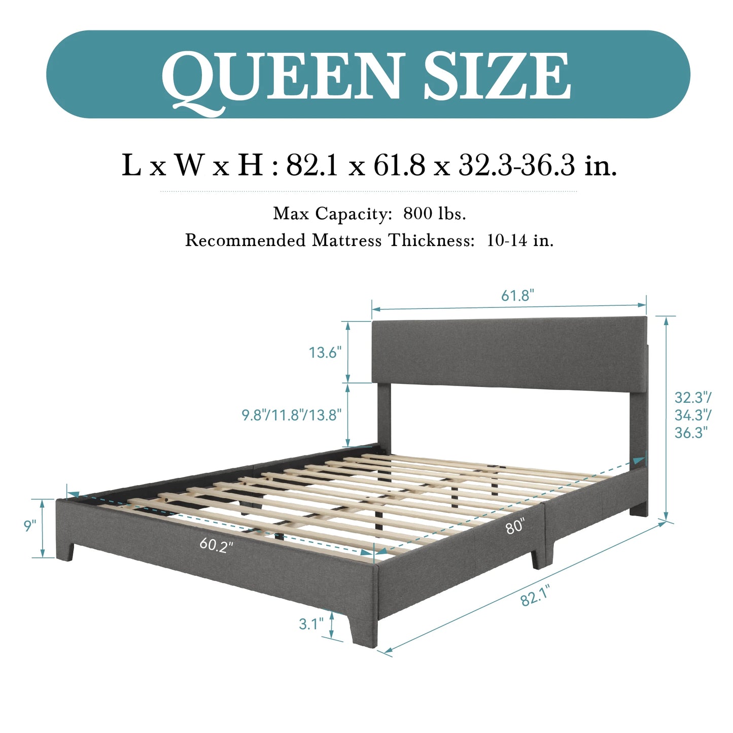55 7/16in x 59in x 734.8in - SOFT LINEN UPHOLSTERED BED FRAME W/ADJUSTABLE HEADBOARD