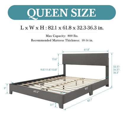 55 7/16in x 59in x 734.8in - SOFT LINEN UPHOLSTERED BED FRAME W/ADJUSTABLE HEADBOARD