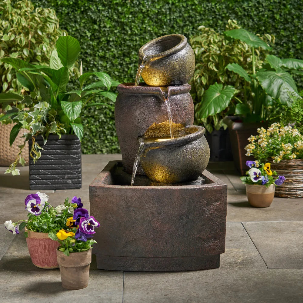3-Tier - BOCHAS OUTDOOR LED FOUNTAIN, RUSTIC MULTI BROWN