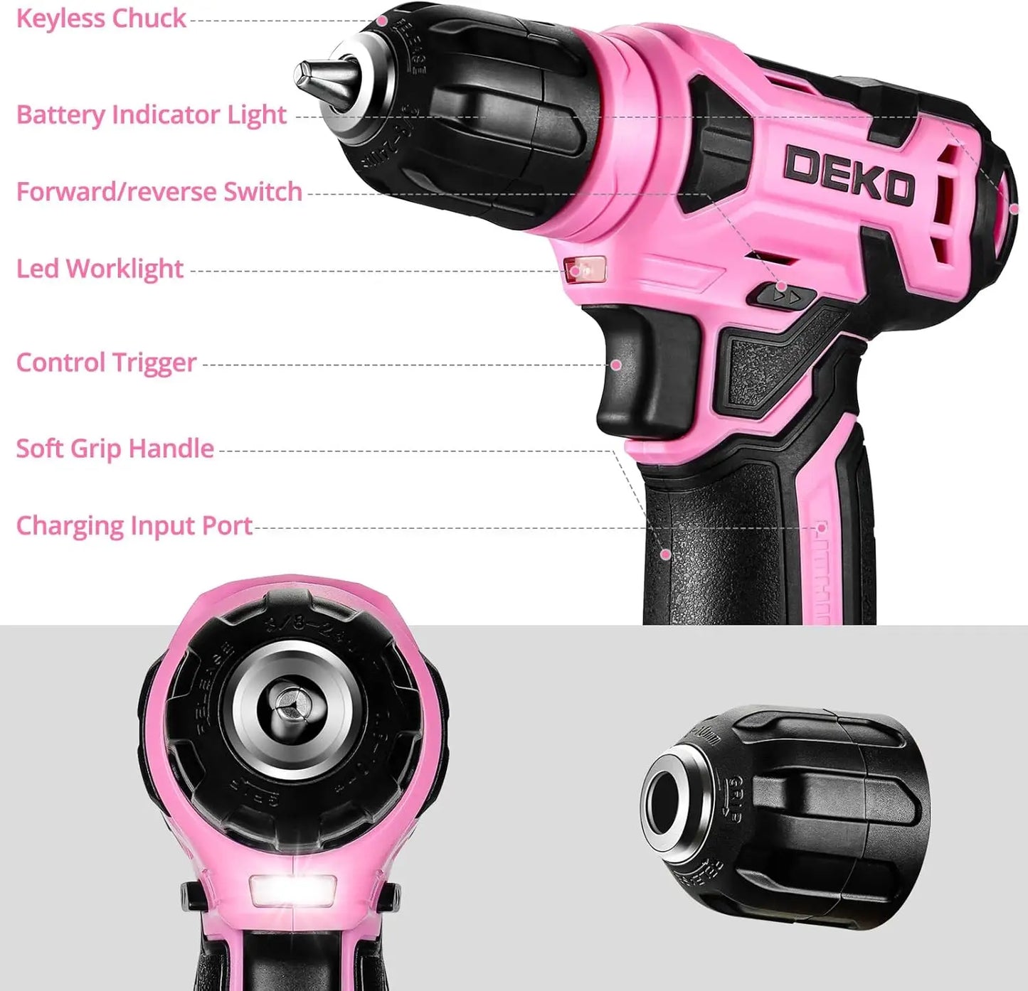 8V, 3/8" Pink Cordless Drill Set with Keyless Chuck