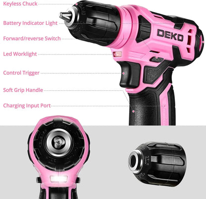 8V, 3/8" Pink Cordless Drill Set with Keyless Chuck