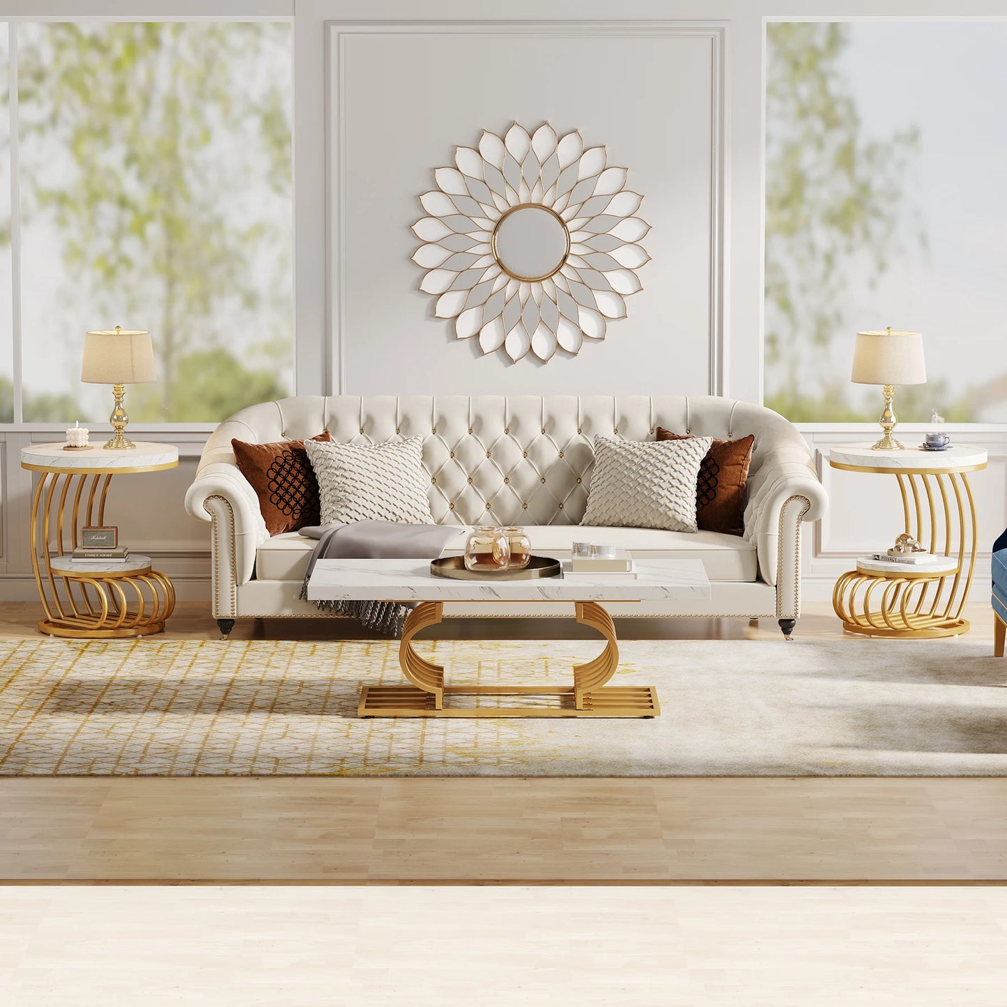 2-Tiers - GOLD FRAME ROUND WHITE FAUX MARBLE TOP