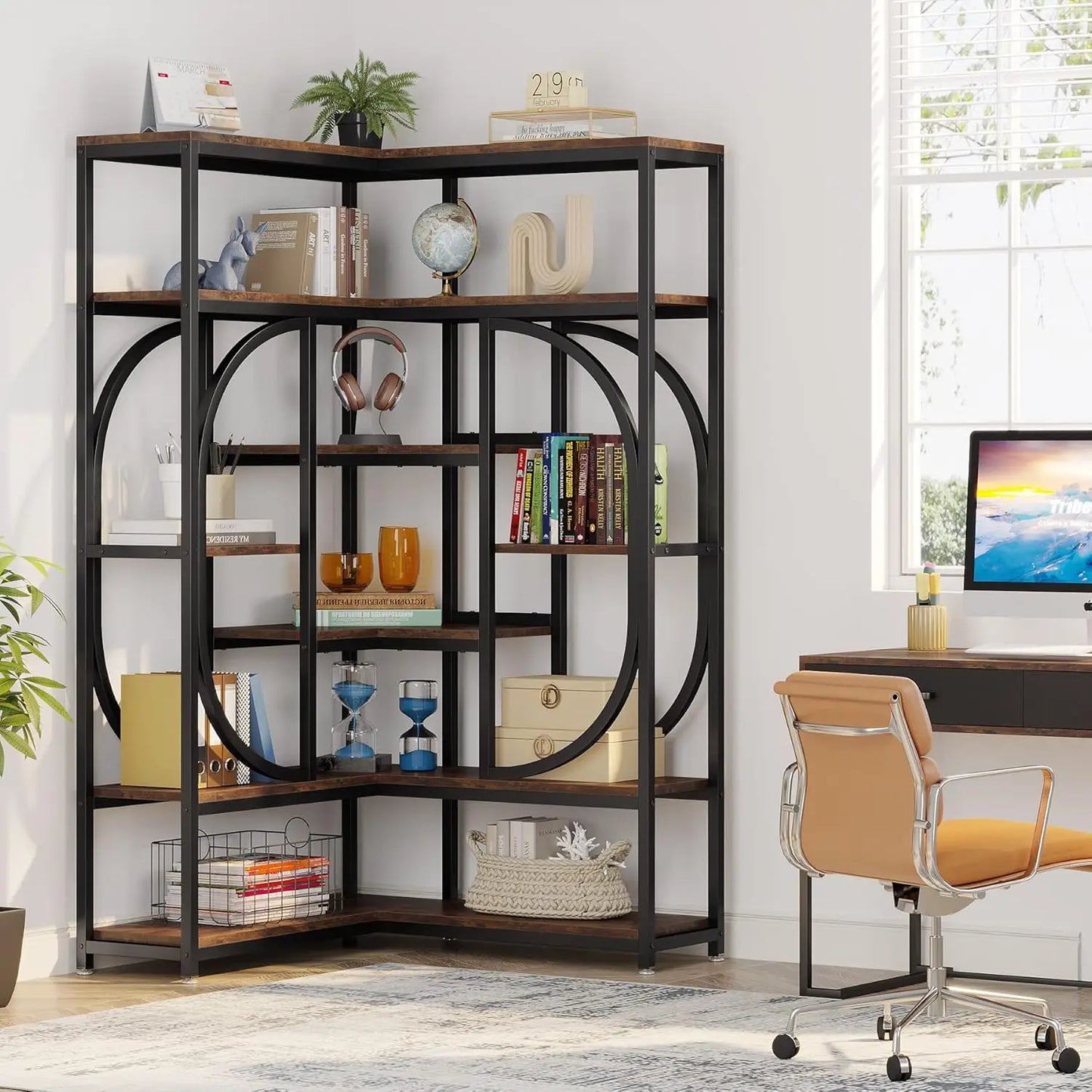 7-Shelf Modern L-Shaped Decorative Corner Bookshelf/Bookcase