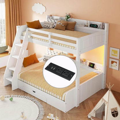Twin Over Full Bunk Bed with Storage Shelves LED Charging Station & Drawer Solid Wood for Kids Teens Adults White, Customized