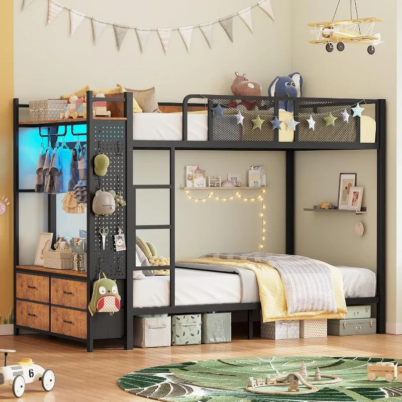 Metal Bunk Bed, Twin Over Twin, W/Hall Tree