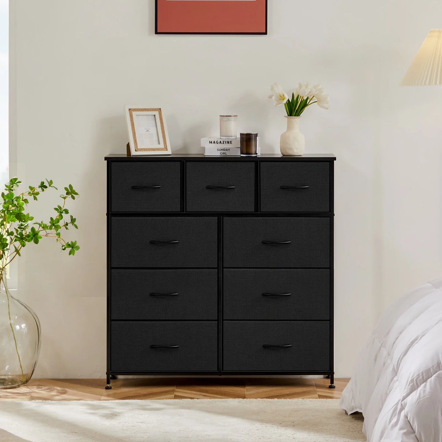 TALL CHEST DRESSER W/9 FABRIC STORAGE DRAWER, WARDROBE