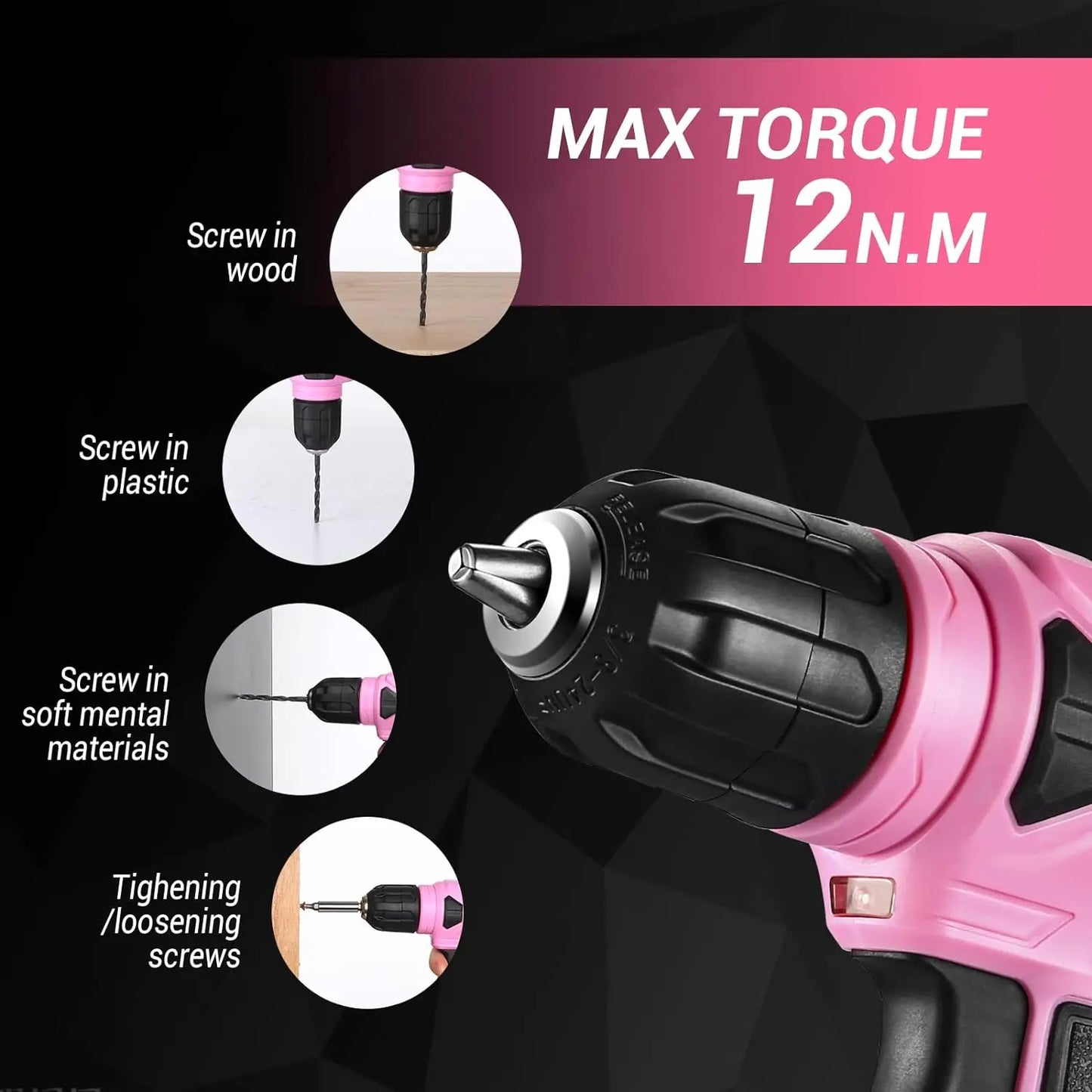 8V, 3/8" Pink Cordless Drill Set with Keyless Chuck