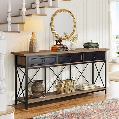 34.65in x 70.86in - EXTRA LONG FARMHOUSE STYLE CONSOLE TABLE, W/3-DRAWERS