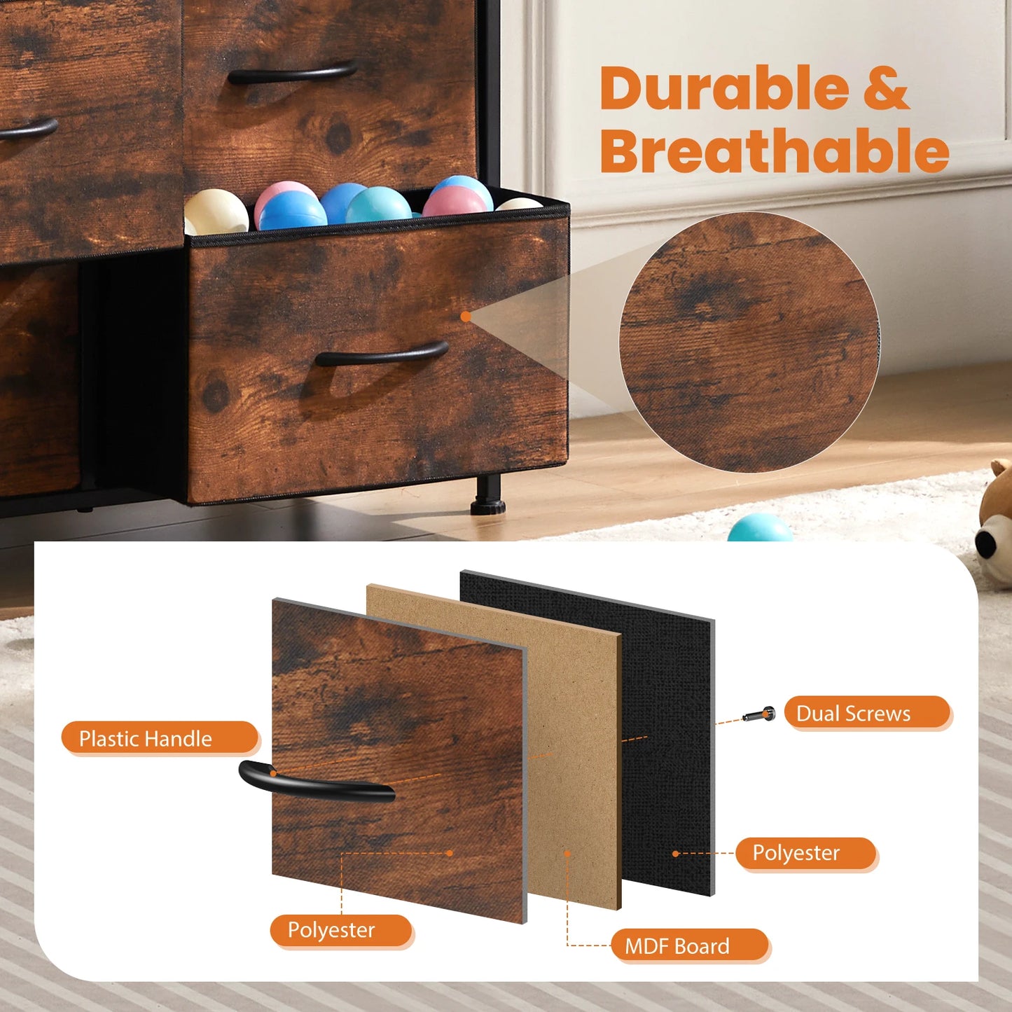 TALL CHEST DRESSER W/9 FABRIC STORAGE DRAWER, WARDROBE