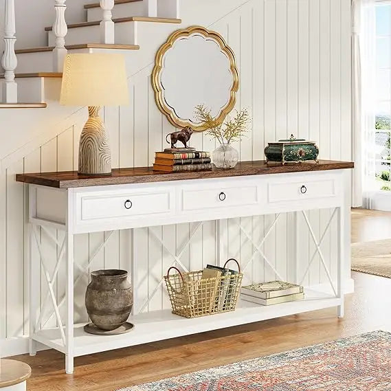 34.65in x 70.86in - EXTRA LONG FARMHOUSE STYLE CONSOLE TABLE, W/3-DRAWERS