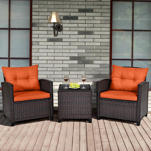 3PCS - PATIO RATTAN ORANGE CUSHIONED CONVERSATION SET FURNITURE