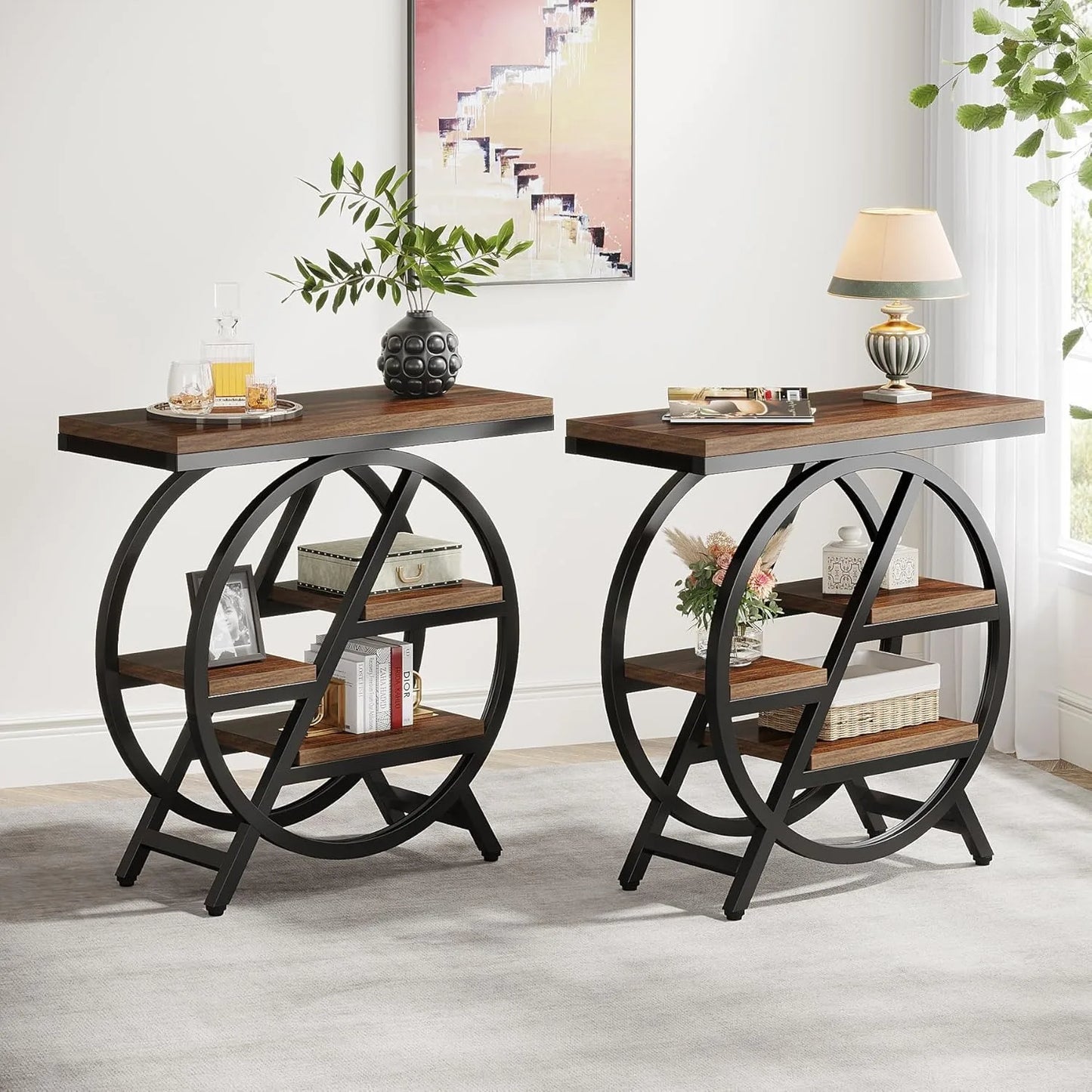 3-Tier - NARROW GEOMETRIC METAL FRAME SIDE TABLE W/STORAGE
