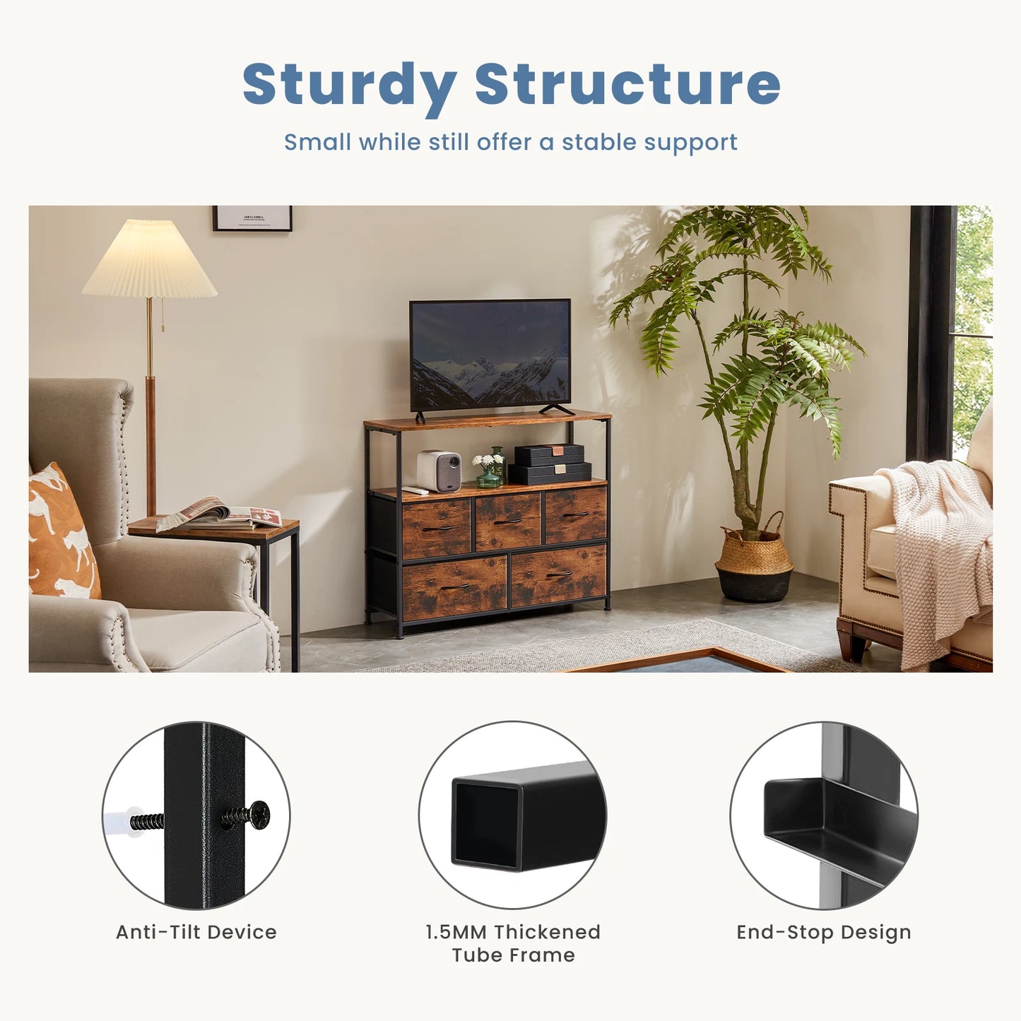 TV STAND W/5-FABRIC DRAWERS STORAGE DISPLAY FURNITURE