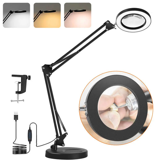 3-COLOR - 10X MAGNIFYING GLASS LED LAMP 10-LEVELS W/CLAMP STAND
