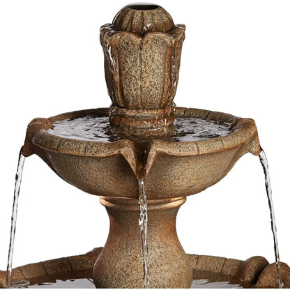 23in x 23in x 43in - 3-TIER RUSTIC RESIN OUTDOOR WATER FOUNTAIN W/LED LIGHT