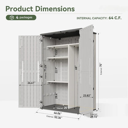51.96in x 74.8in x 28.34in - RESIN OUTDOOR STORAGE SHED W/METAL SHELF & FLOOR KIT