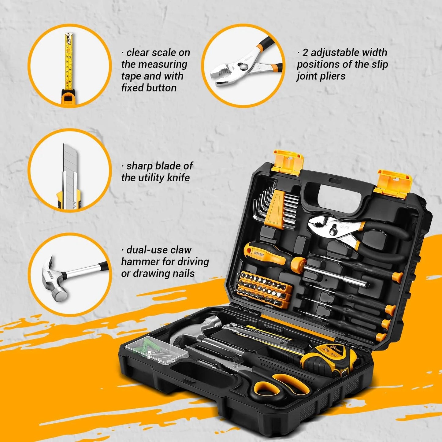 DEKO General Household Hand Tool Kit with Plastic Toolbox Storage Case, All Purpose Home Tool, 50 Piece