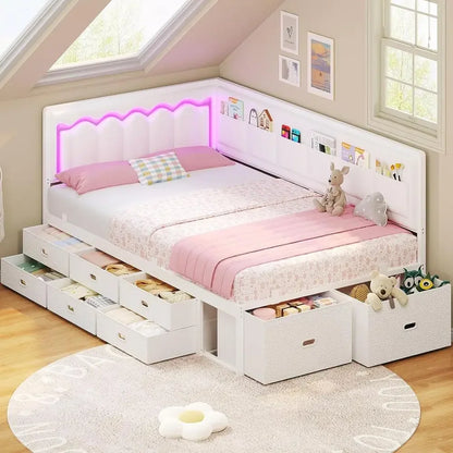 White Twin Bed, 8-Drawers, 6-Storage Pockets, Daybed w/Storage