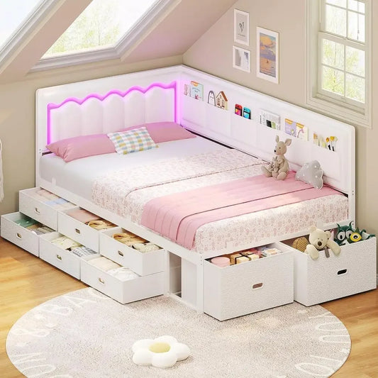 White Twin Bed, 8-Drawers, 6-Storage Pockets, Daybed w/Storage