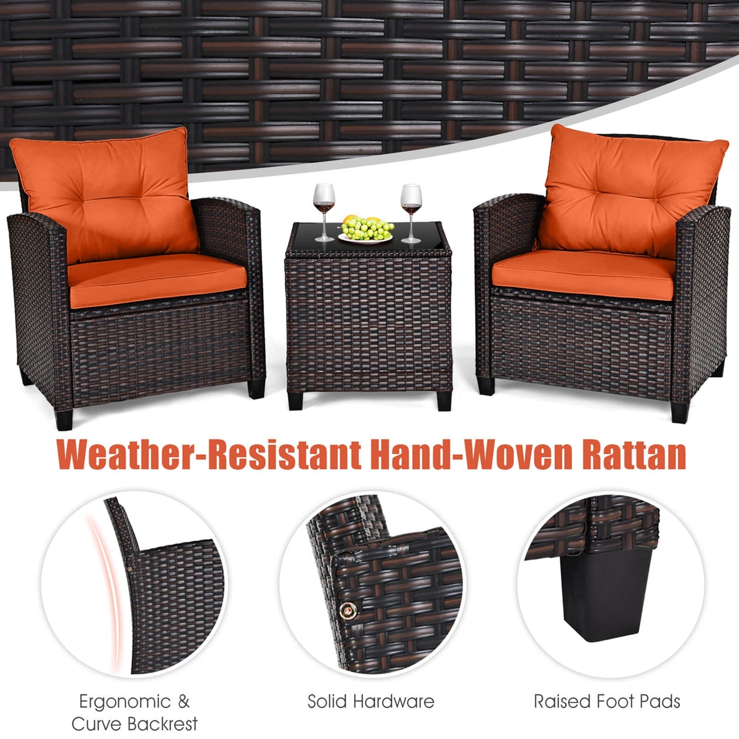 3PCS - PATIO RATTAN ORANGE CUSHIONED CONVERSATION SET FURNITURE