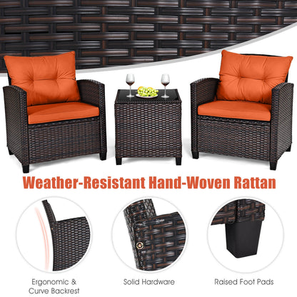 3PCS - PATIO RATTAN ORANGE CUSHIONED CONVERSATION SET FURNITURE