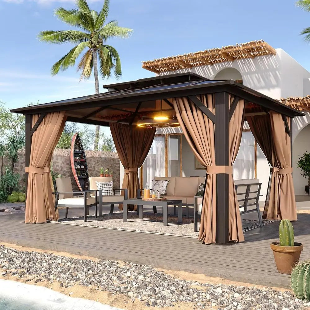 10-Foot x 12-Foot - Outdoor Brown Poly Pavilion W/Curtains & Netting