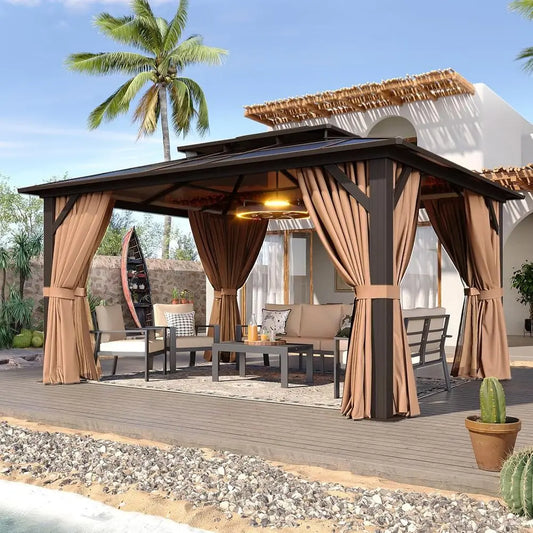 10-Foot x 12-Foot - Outdoor Brown Poly Pavilion W/Curtains & Netting