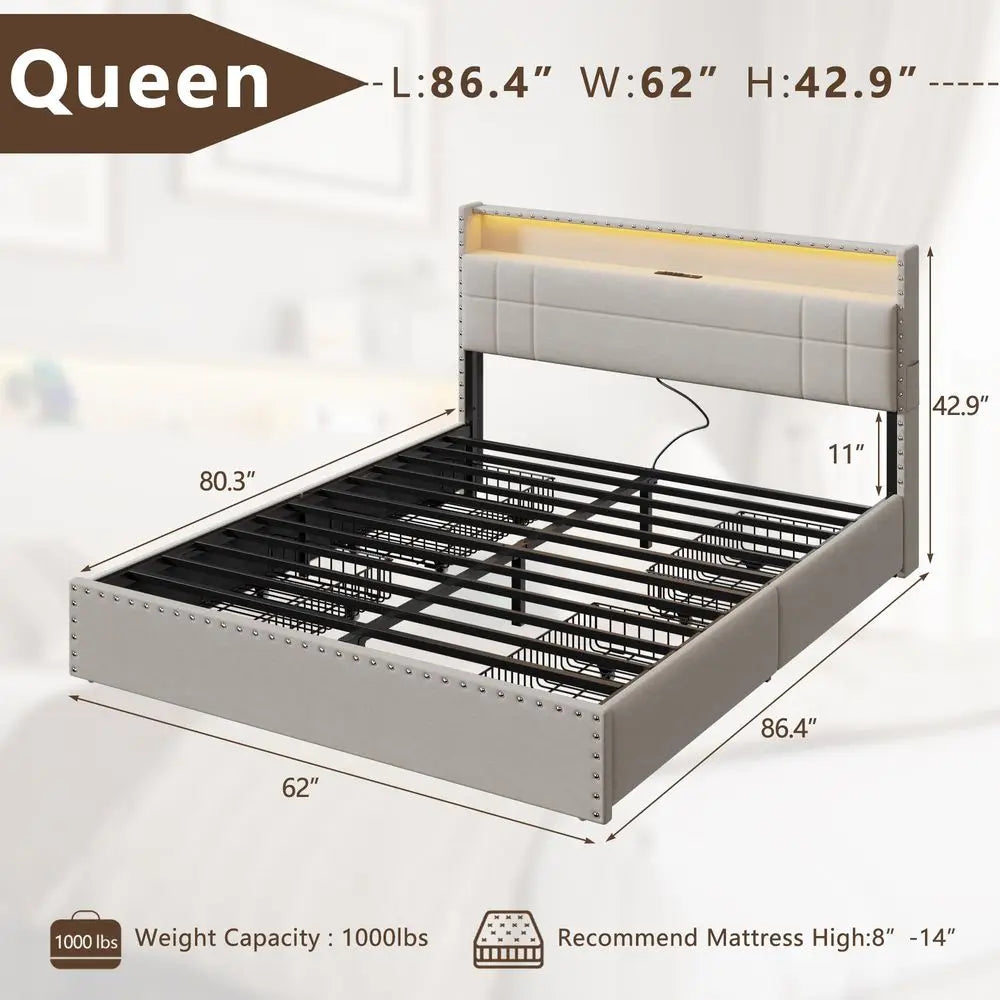 Queen Bed Frame,  Upholstered Platform Bed Frame  W/Storage