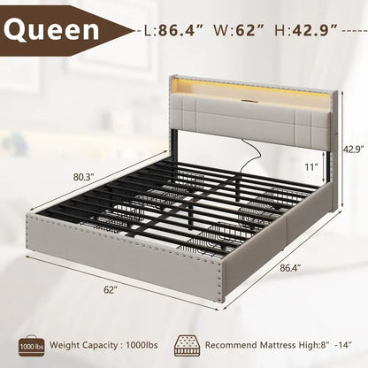 Queen Bed Frame,  Upholstered Platform Bed Frame  W/Storage