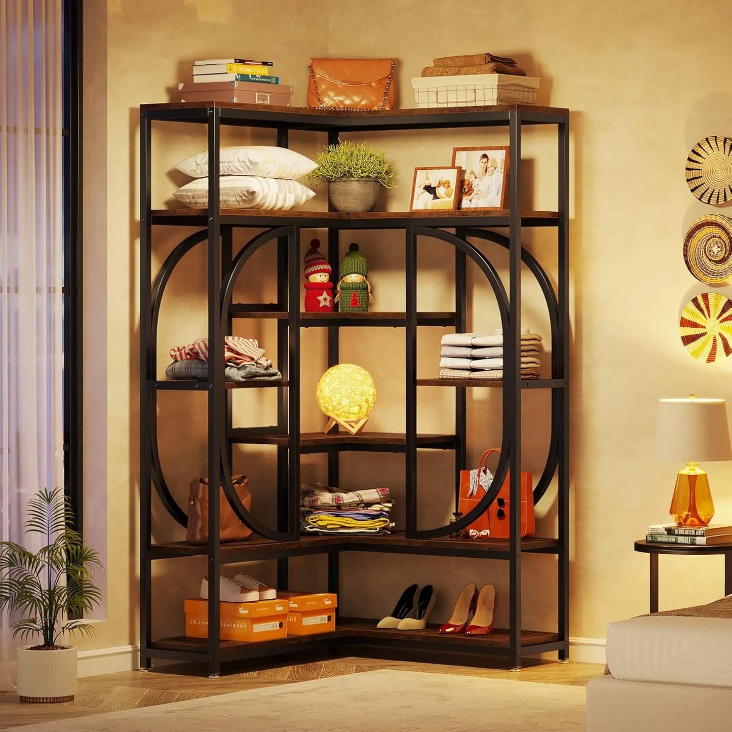 7-Shelf Modern L-Shaped Decorative Corner Bookshelf/Bookcase