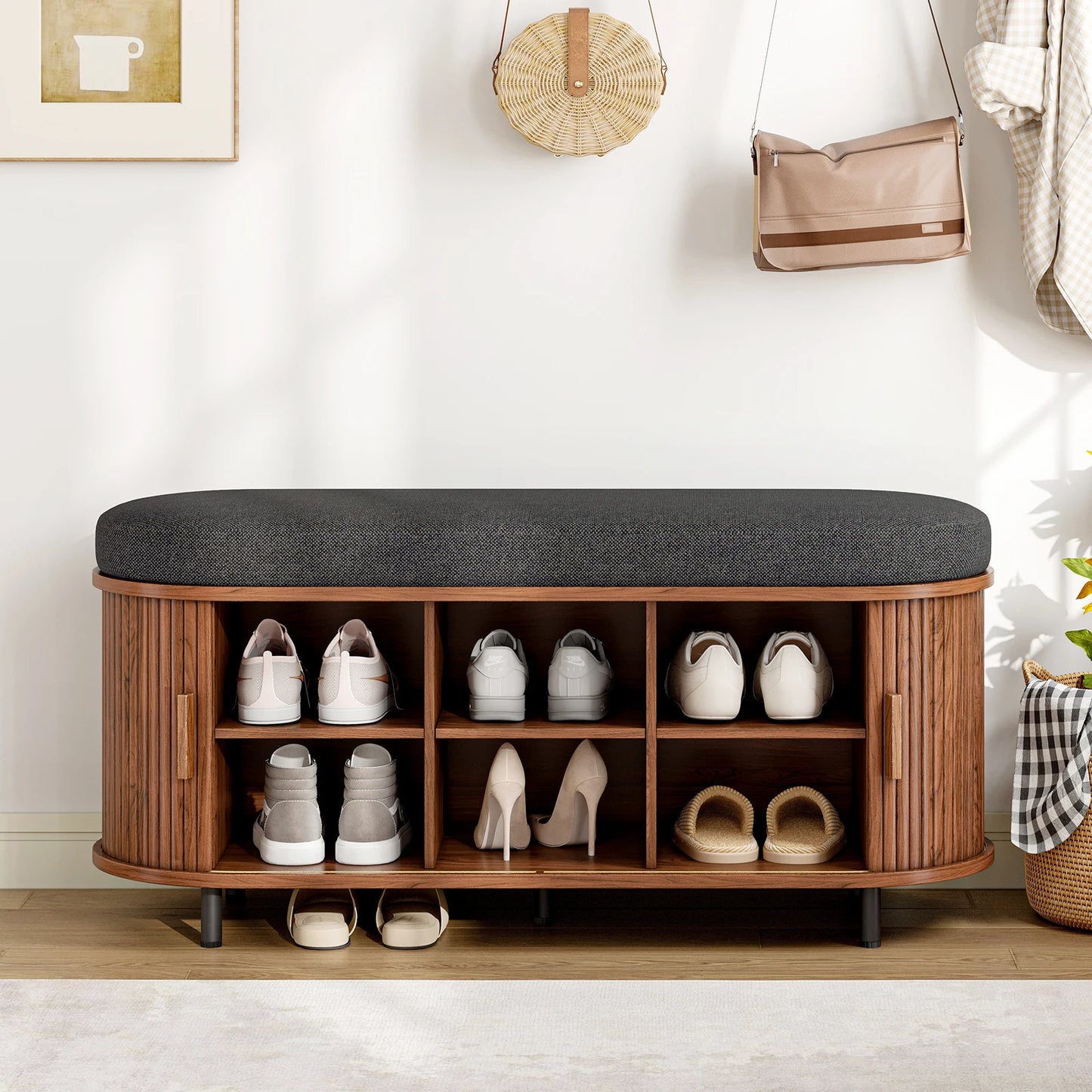 43.3in - SHOE STORAGE BENCH ORGANIZER W/STORAGE SHELVES & REMOBVhoe Storage Bench, 3 Tier Shoe Rack Bench Organizer with Storage, Cushion and Sliding Door Removable