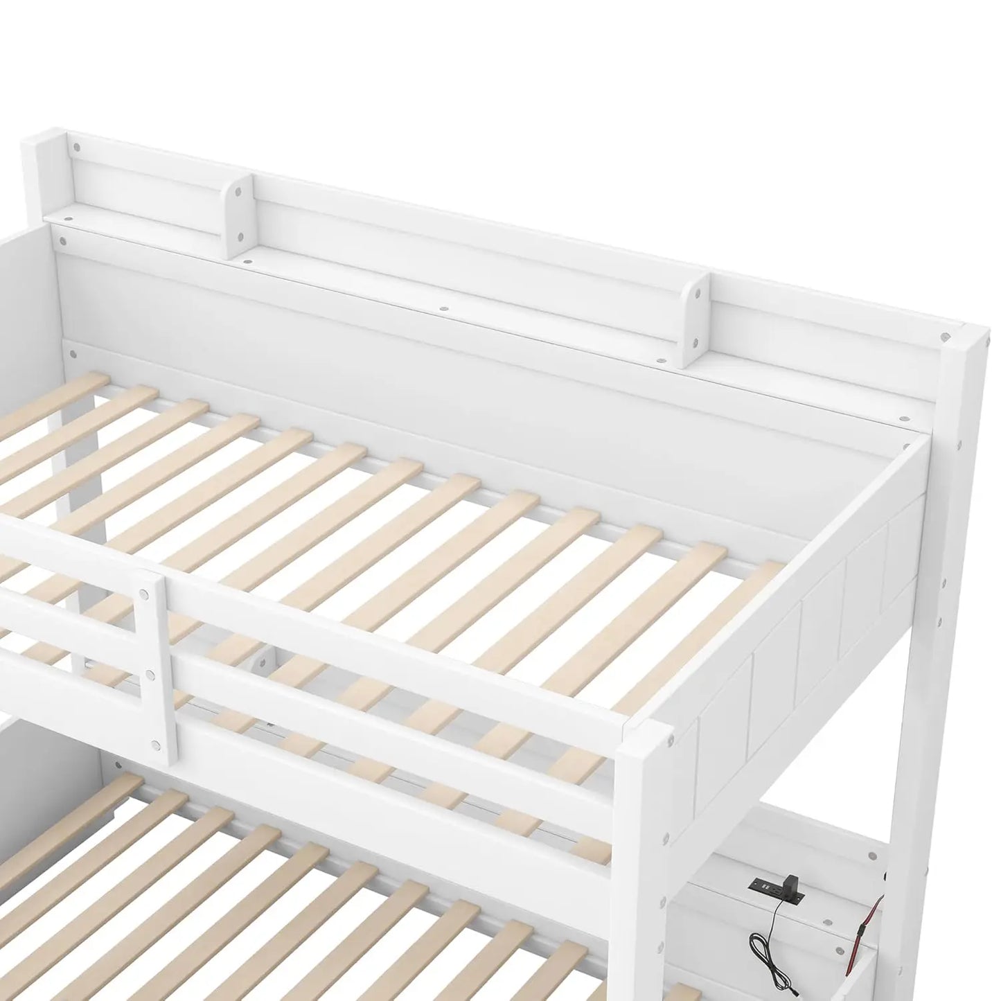 Twin Over Full Bunk Bed with Storage Shelves LED Charging Station & Drawer Solid Wood for Kids Teens Adults White, Customized