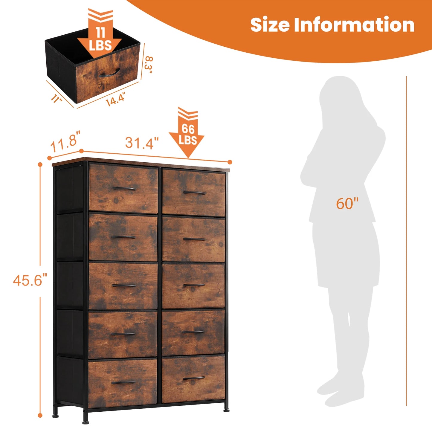DRESSER/WARDROBE/BEDSIDE TABLE W/10-FABRIC DRAWERS