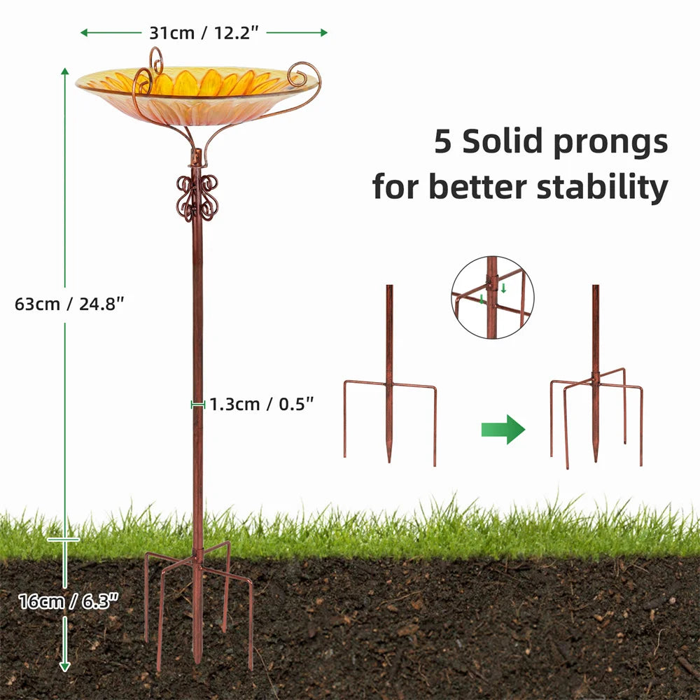 12.2in x 24.8in - GLASS BIRD BATH/FEEDER W/METAL STAKE