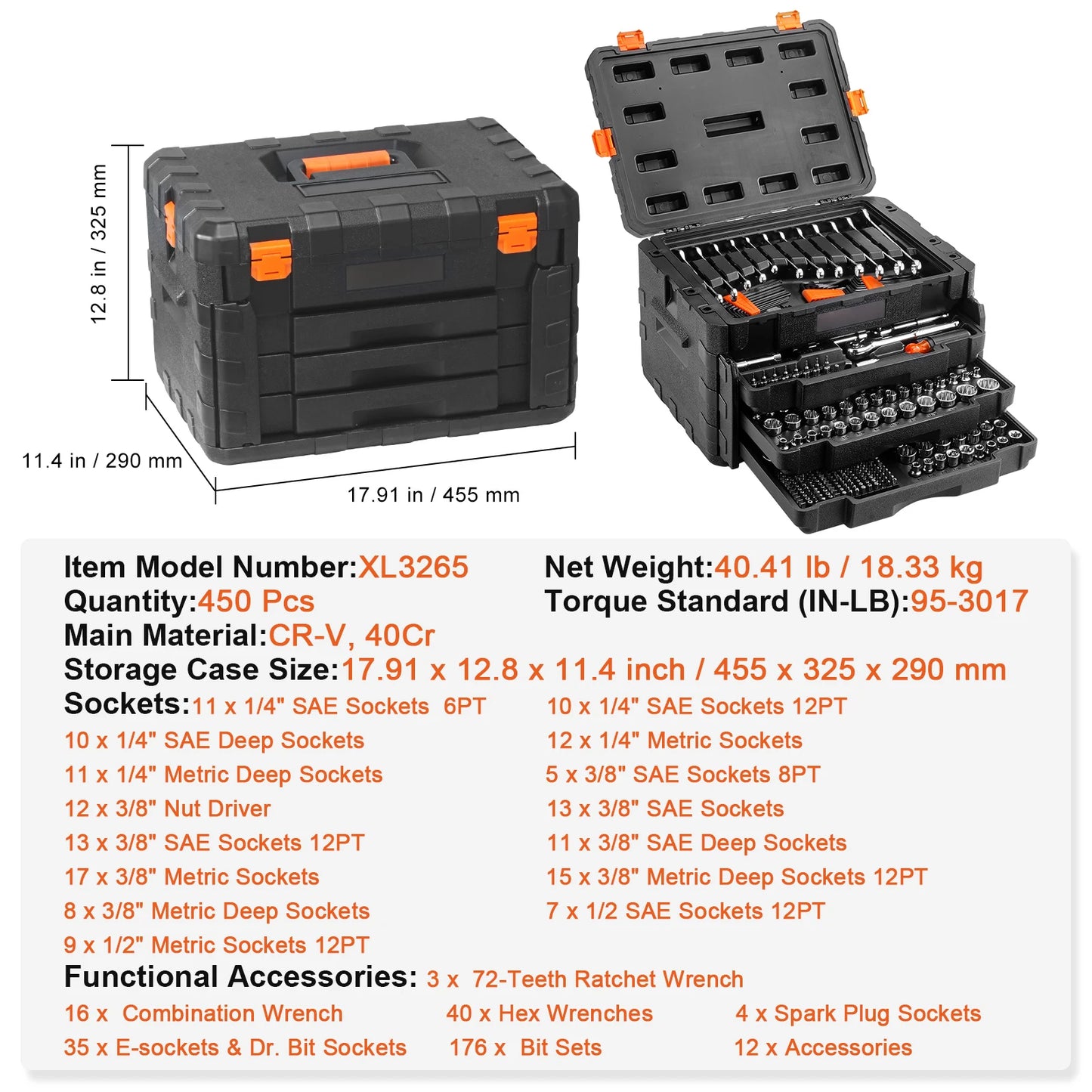450-Pieces - Mechanics Tool Set and Socket Set 1/4" 3/8" 1/2" Drive