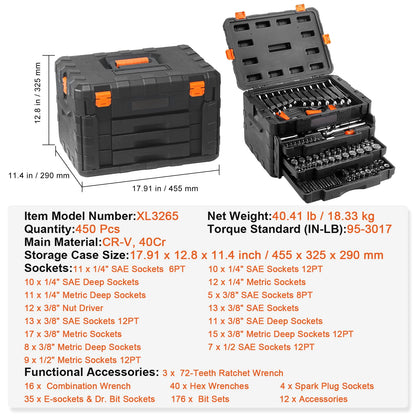 450-Pieces - Mechanics Tool Set and Socket Set 1/4" 3/8" 1/2" Drive
