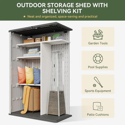 51.96in x 74.8in x 28.34in - RESIN OUTDOOR STORAGE SHED W/METAL SHELF & FLOOR KIT