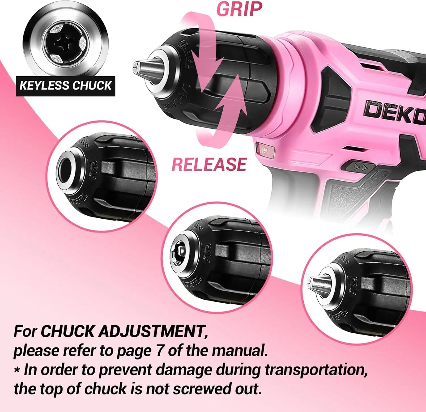 8V, 3/8" Pink Cordless Drill Set with Keyless Chuck