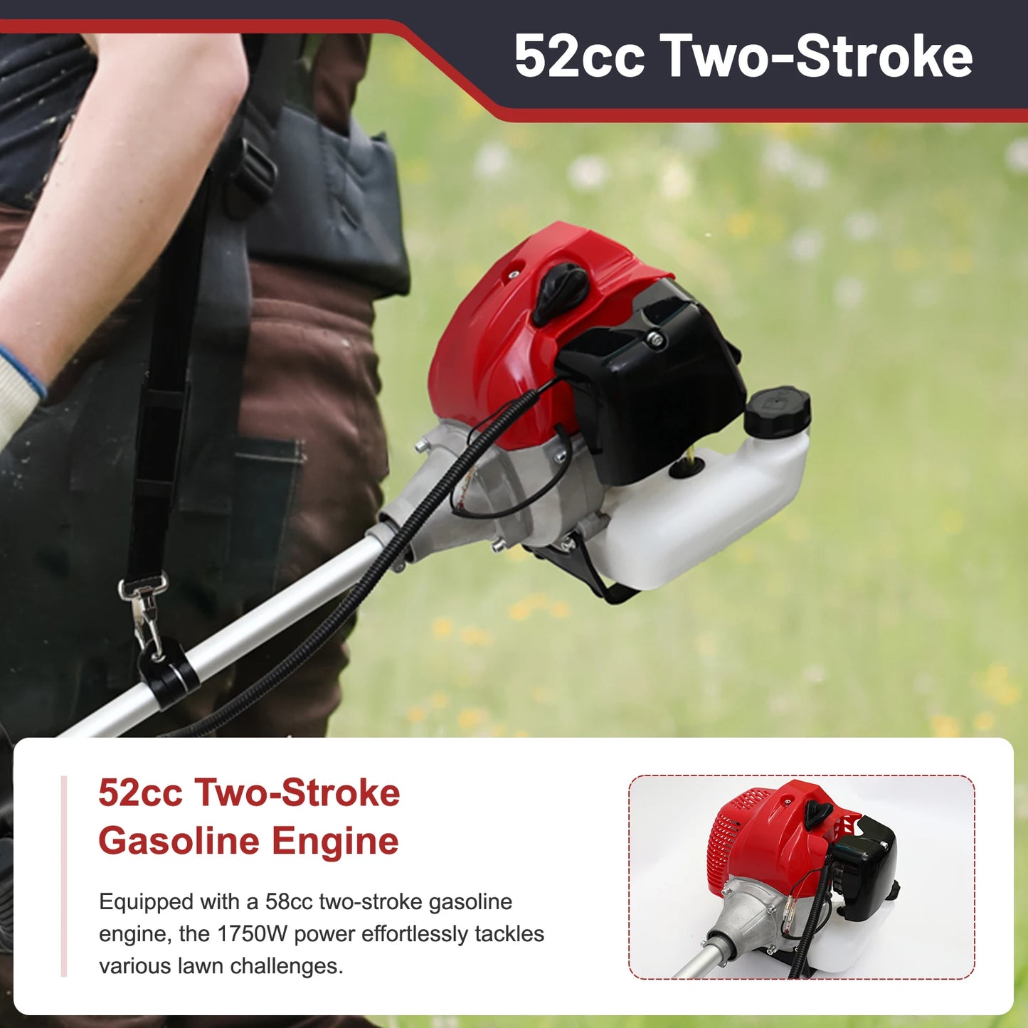 52cc, 2-Stroke - 4-in-1  Straight Shaft Weed Wacker/Weed Eater Trimmer