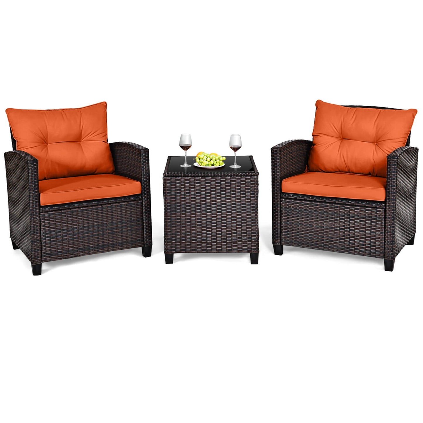 3PCS - PATIO RATTAN ORANGE CUSHIONED CONVERSATION SET FURNITURE