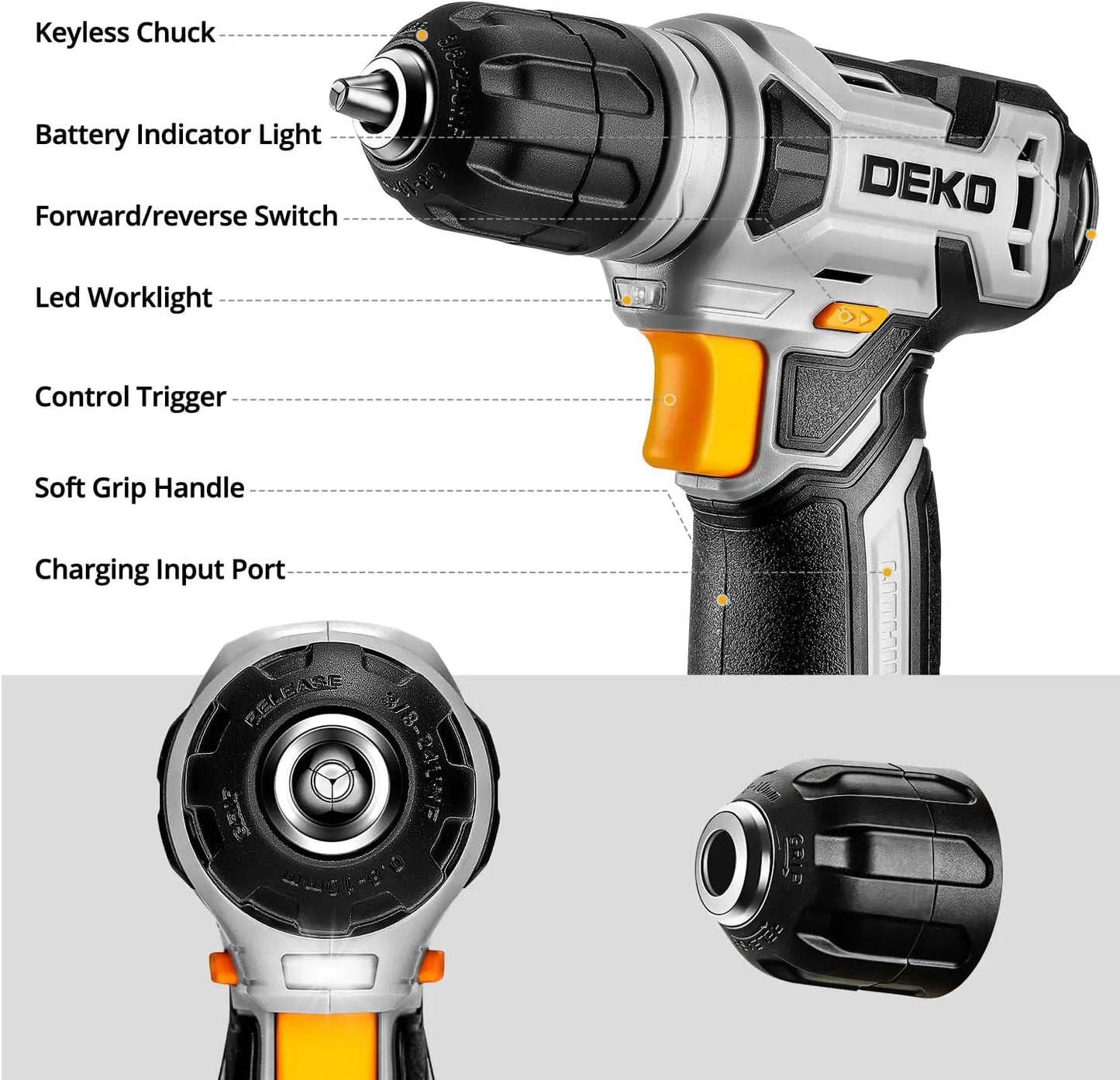 DEKO 126 Piece Power Tool Combo Kits with 8V Cordless Drill, 10MM 3/8'' Keyless Chuck, Professional Household Home Tool Kit Set