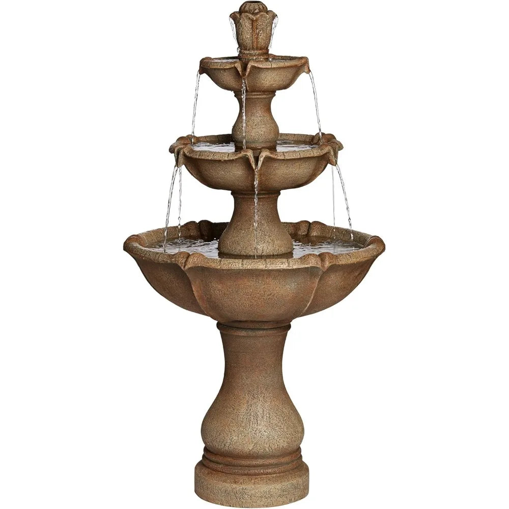 23in x 23in x 43in - 3-TIER RUSTIC RESIN OUTDOOR WATER FOUNTAIN W/LED LIGHT