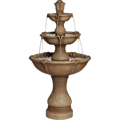 23in x 23in x 43in - 3-TIER RUSTIC RESIN OUTDOOR WATER FOUNTAIN W/LED LIGHT
