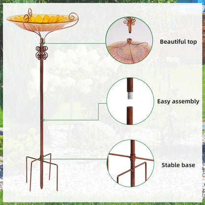 12.2in x 24.8in - GLASS BIRD BATH/FEEDER W/METAL STAKE