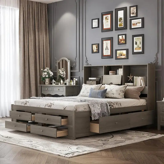 8-DRAWERS - KING SIZE PLATFORM BED W/STORAGE HEADBOARD