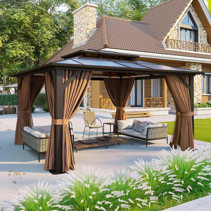 12-Ft x 10-Ft - Hardtop Gazebo, Aluminum Frame Permanent Pavilion w/Curtains & Netting