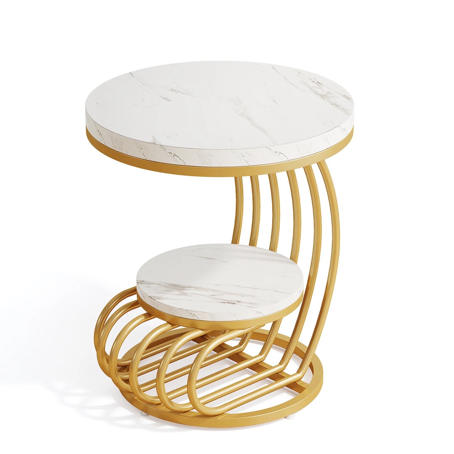 2-Tiers - GOLD FRAME ROUND WHITE FAUX MARBLE TOP
