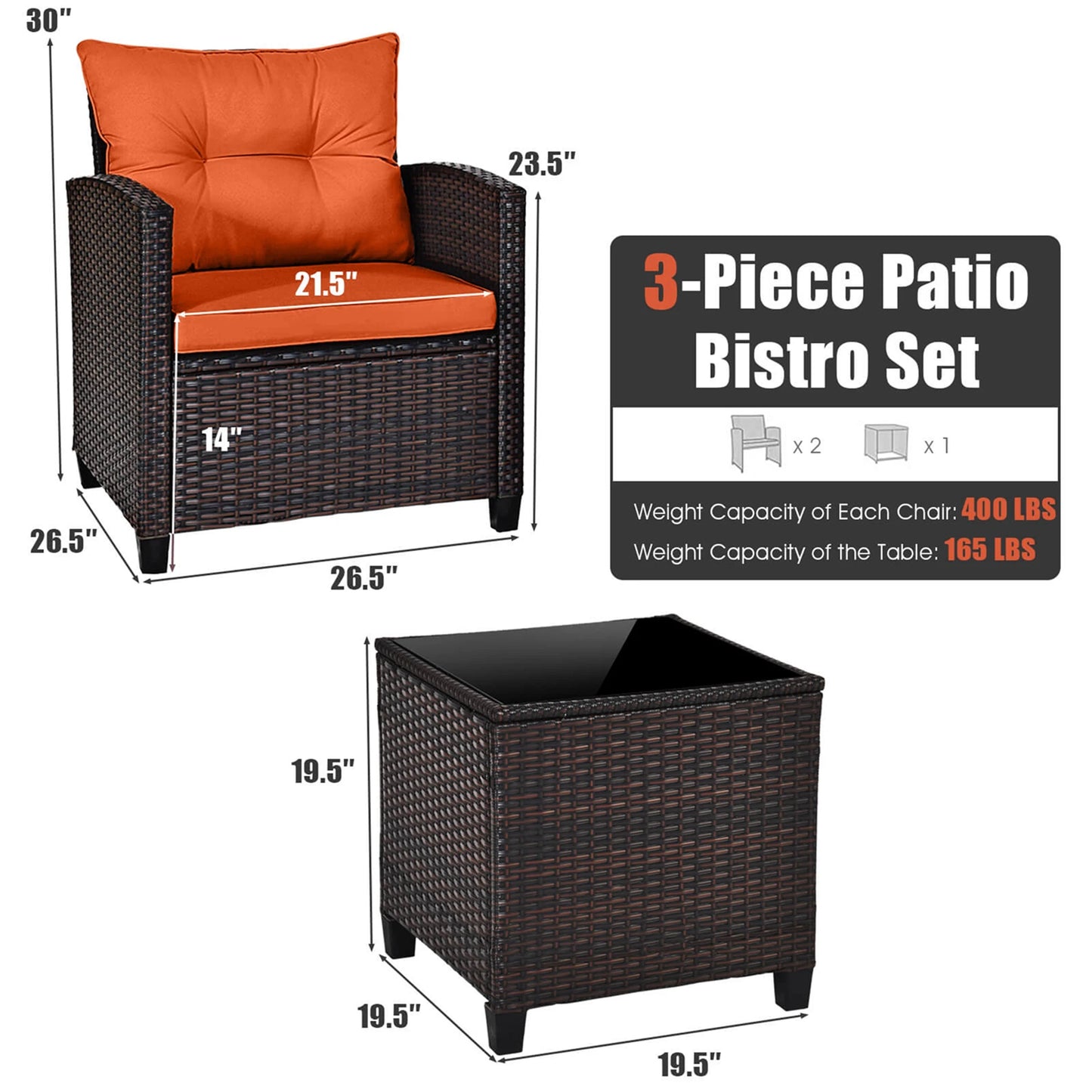 3PCS - PATIO RATTAN ORANGE CUSHIONED CONVERSATION SET FURNITURE