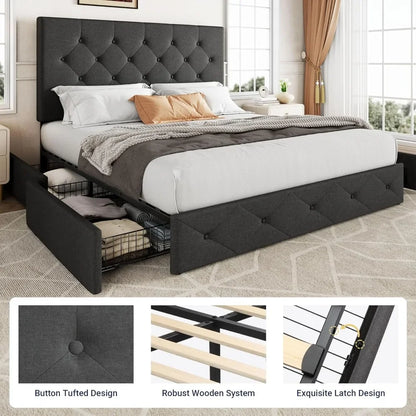 Queen Size Upholstered Headboard Platform Bed Frame