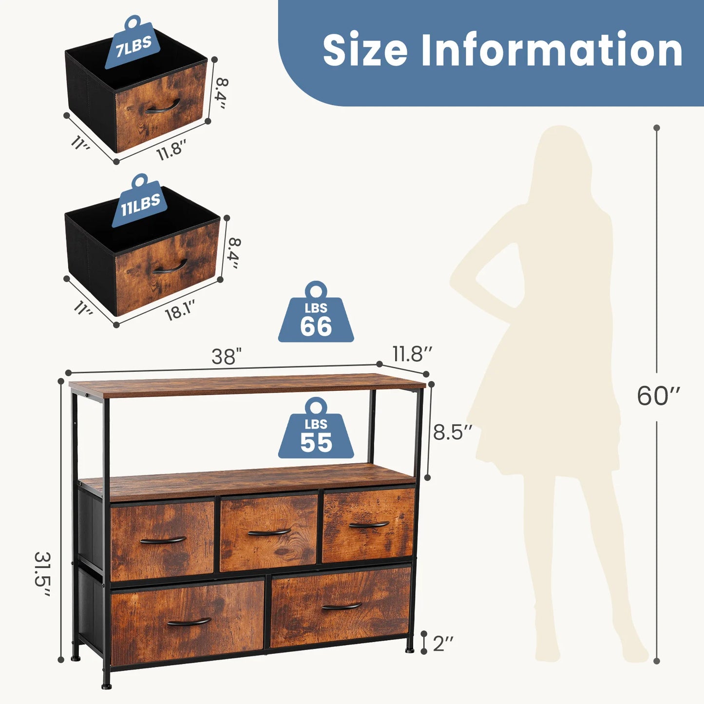 TV STAND W/5-FABRIC DRAWERS STORAGE DISPLAY FURNITURE